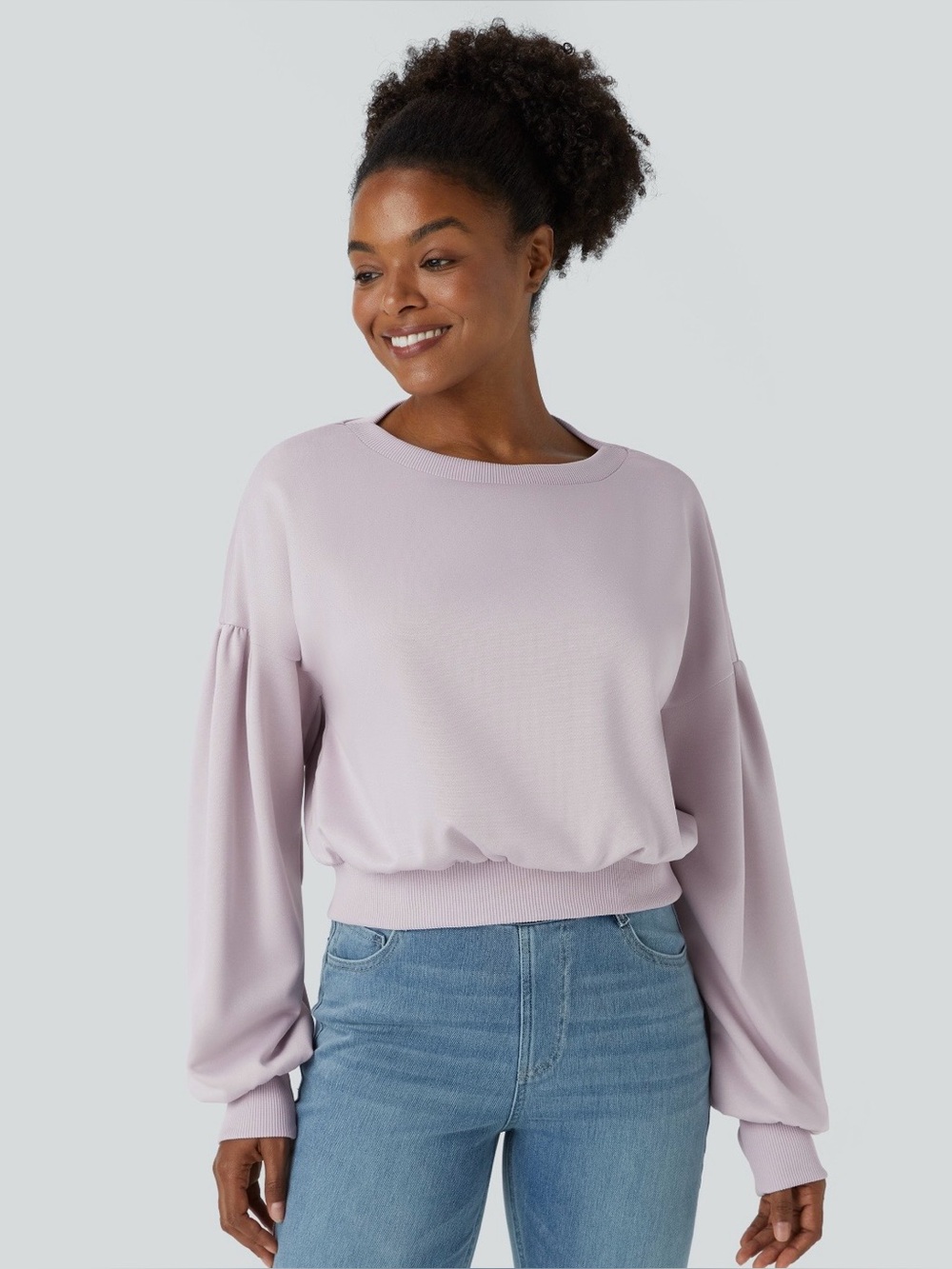 HALARA DROPPED SHOULDER, BISHOP SLEEVE SWEATSHIRT LAVENDER NEW